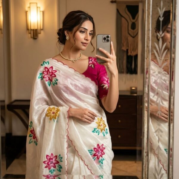 Crush off-white Saree with hand flower prints