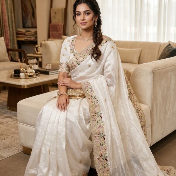 Pure crystal /Organza Tissue Fabric Saree With Embroidery