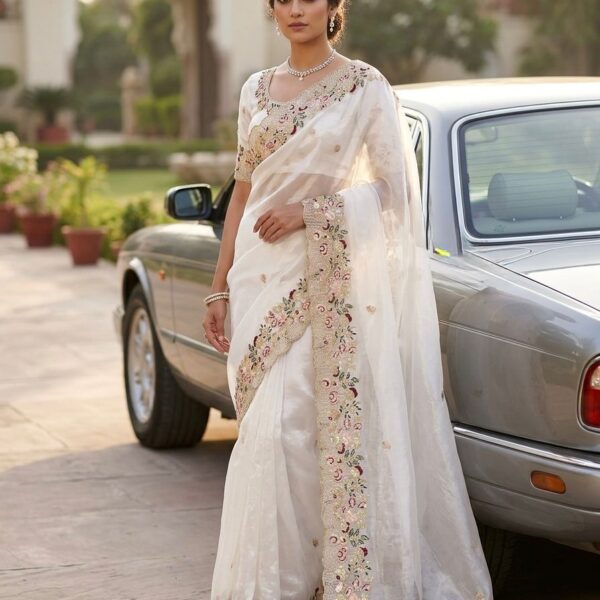 Pure crystal /Organza Tissue Fabric Saree With Embroidery