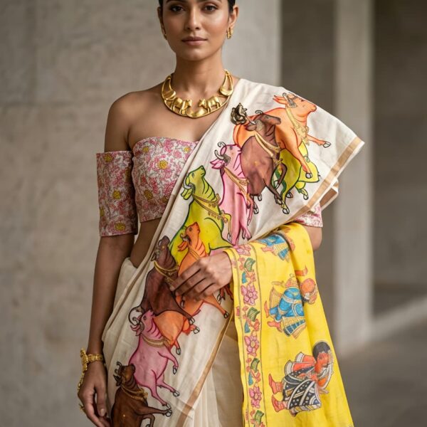 Manipuri Slub Slik Saree with Pichwani Design
