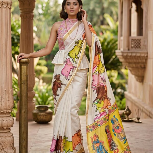 Manipuri Slub Slik Saree with Pichwani Design