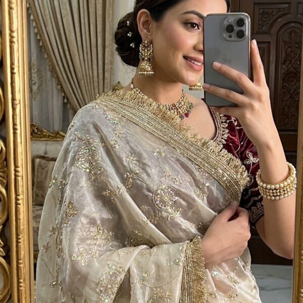 White Space Satin Bits Sequence Work Saree