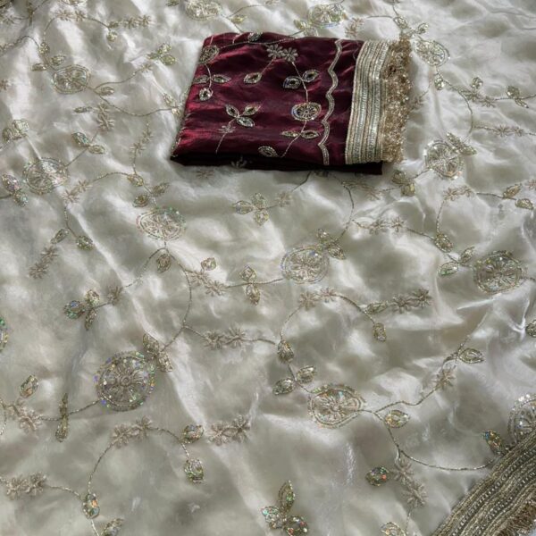White Space Satin Bits Sequence Work Saree