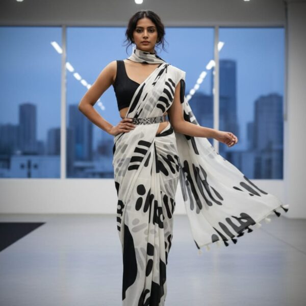 Heavy marshmallow georgette saree with black N white