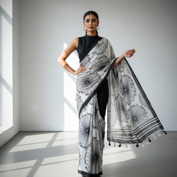 Heavy marshmallow georgette saree with black N white