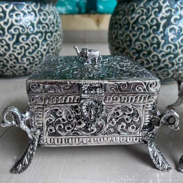Square Diwali box with 4 peacocks and 1 small elephant on the lid