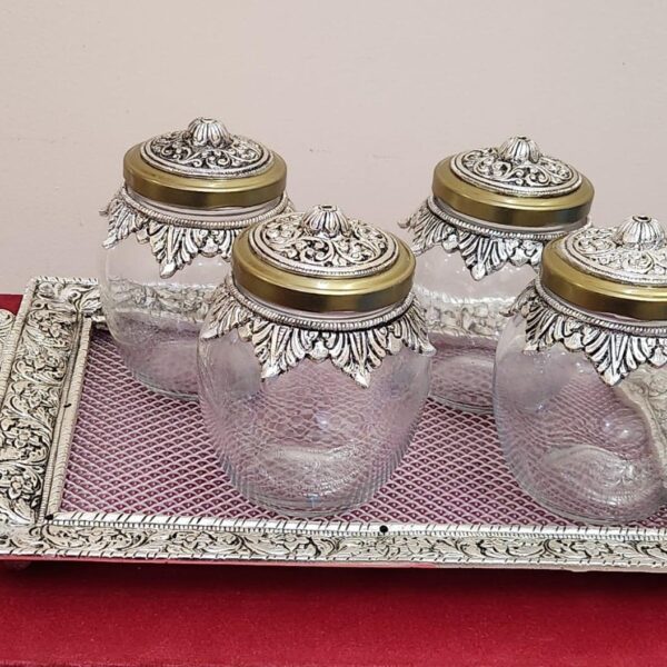 Antique German Silver tray with 4 jar