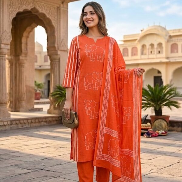 Orange Cotton fabric Hand Work Kurti with Pant