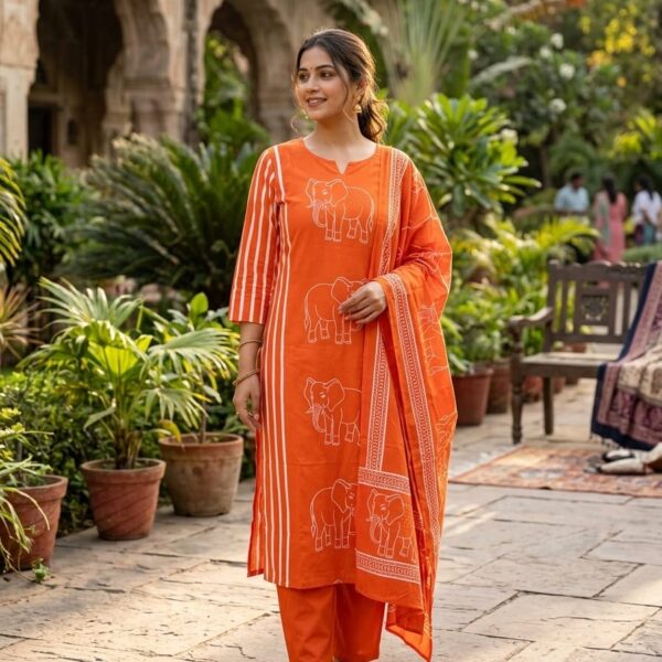 Orange Cotton fabric Hand Work Kurti with Pant