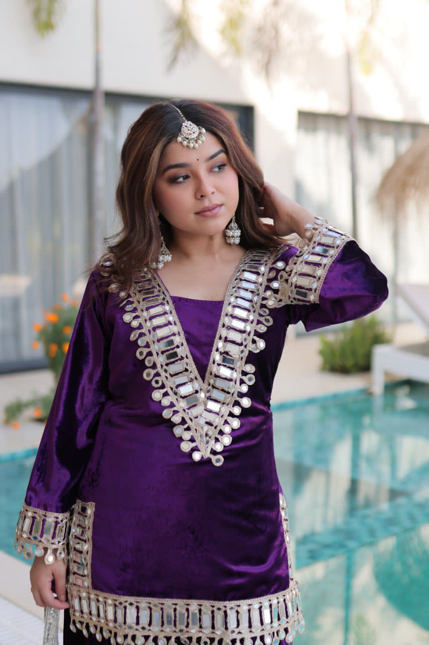 Velvet Mirror work Designer suit Set - Image 2