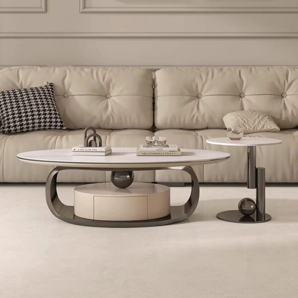 White Black Oval Shaped Stainless Steel Centre Table