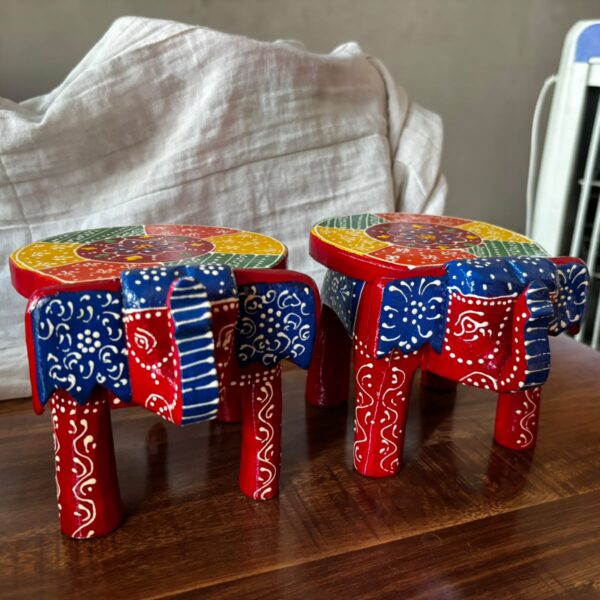 Hand-painted Wooden Elephant Stool 2 pc