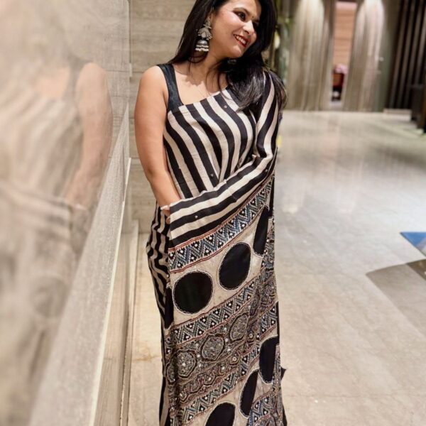 Ajrak Printed Silk Saree with Handwork