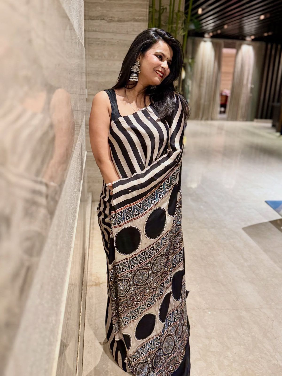 Ajrak Printed Silk Saree with Handwork