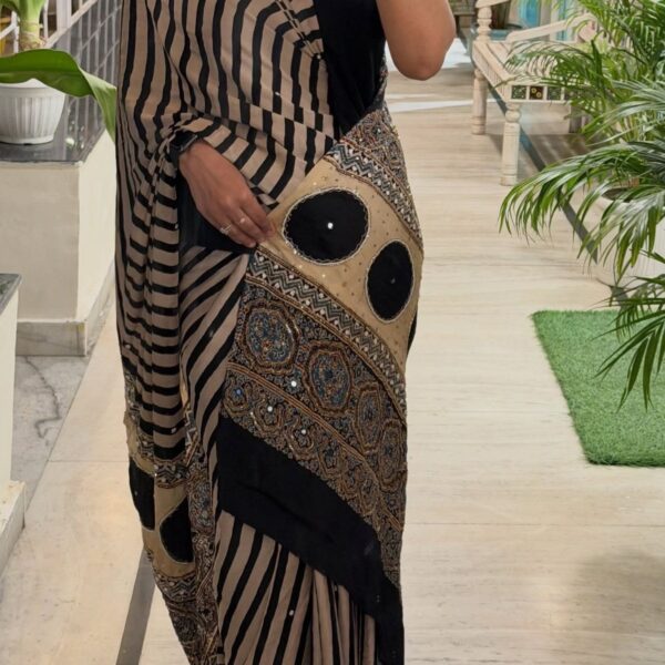 Ajrak Printed Silk Saree with Handwork