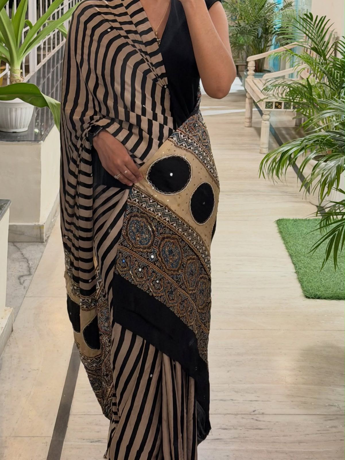 Ajrak Printed Silk Saree with Handwork - Image 2