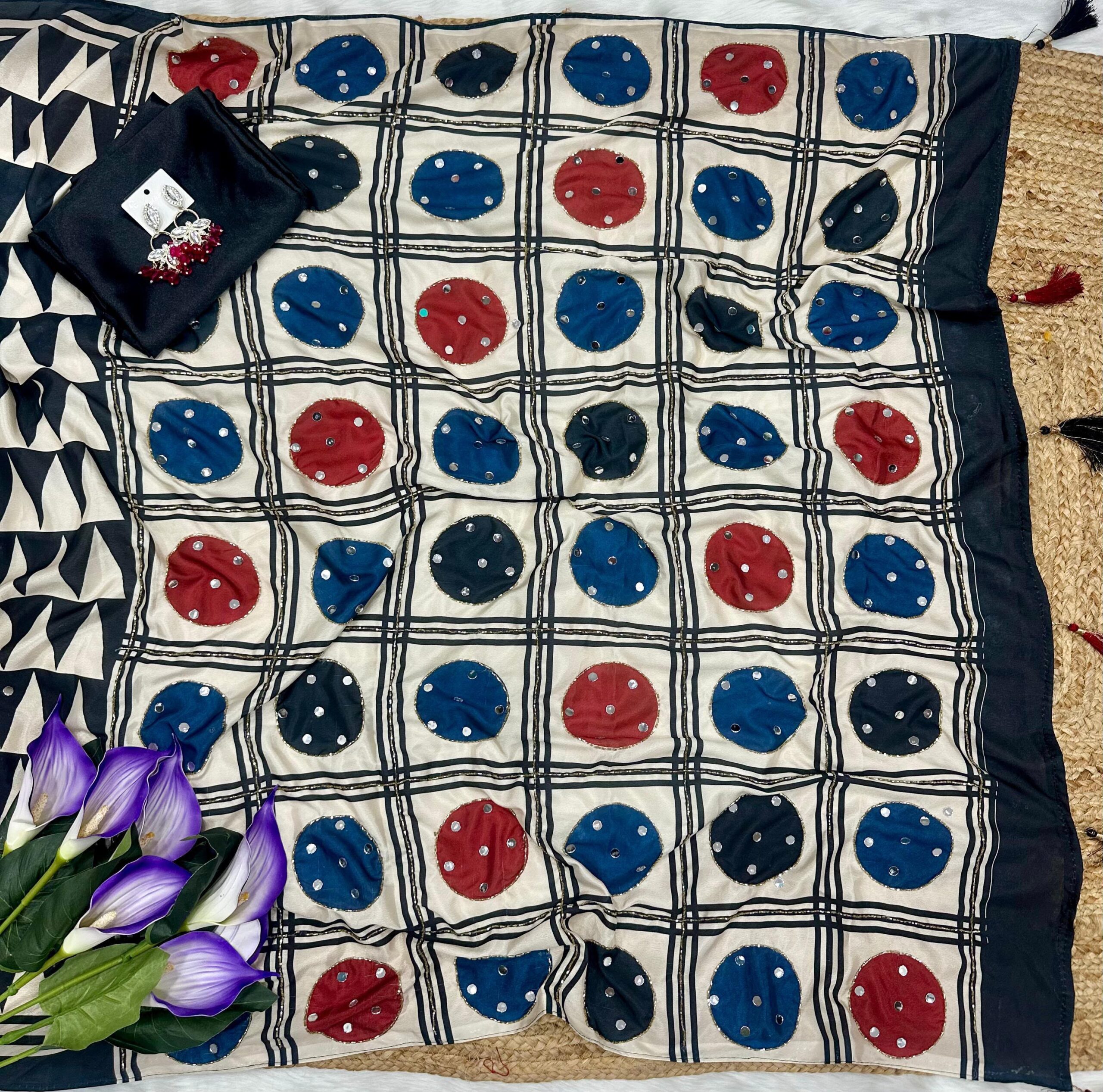 Ajrak Printed Silk Saree with Handwork - Image 4