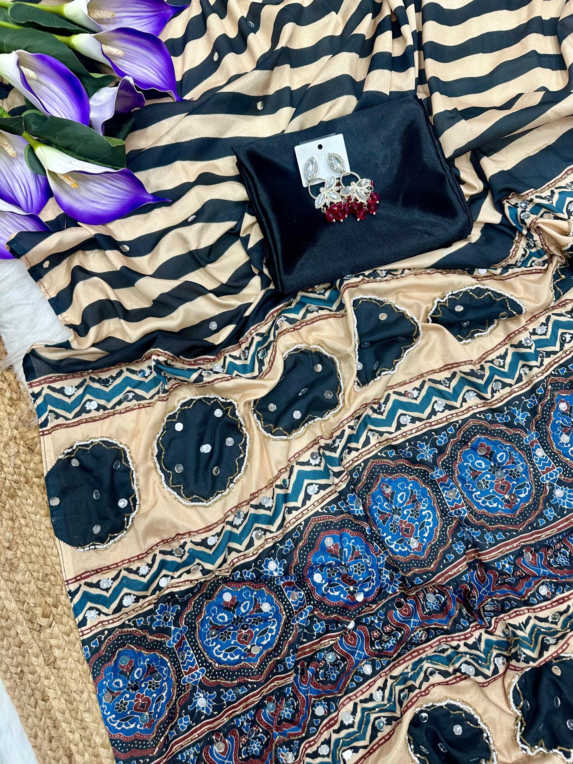 Ajrak Printed Silk Saree with Handwork - Image 5