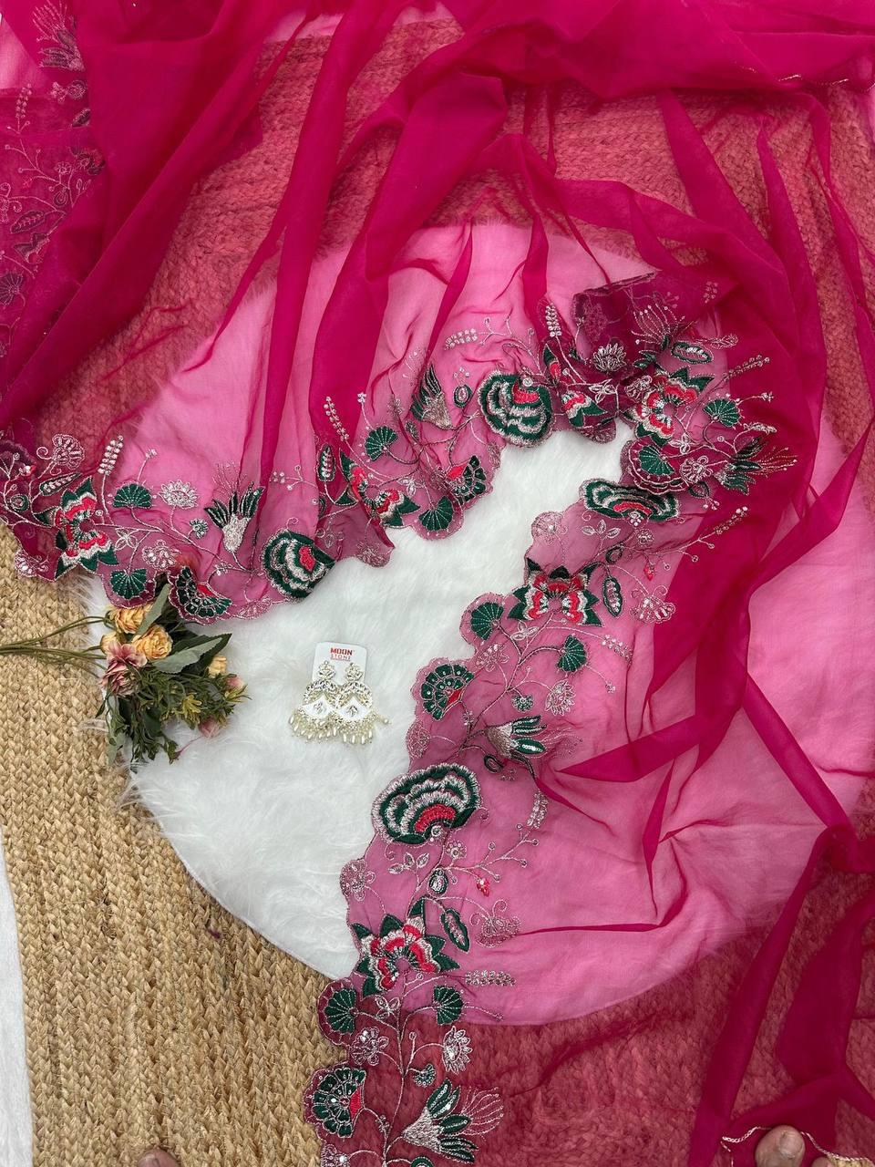 Soft organza saree with embroidery jari and thread work - Image 3