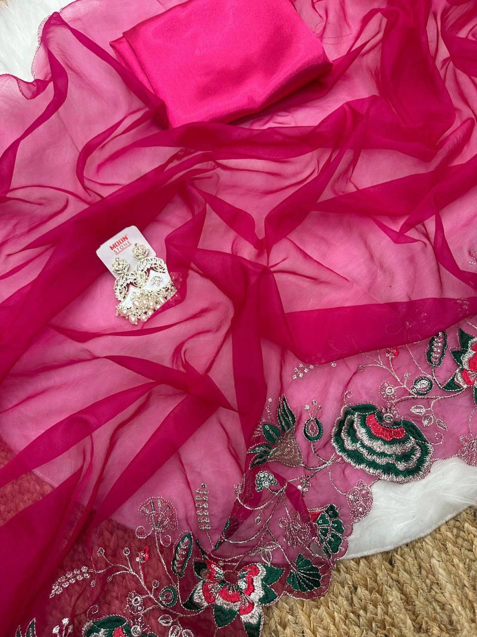 Soft organza saree with embroidery jari and thread work - Image 4