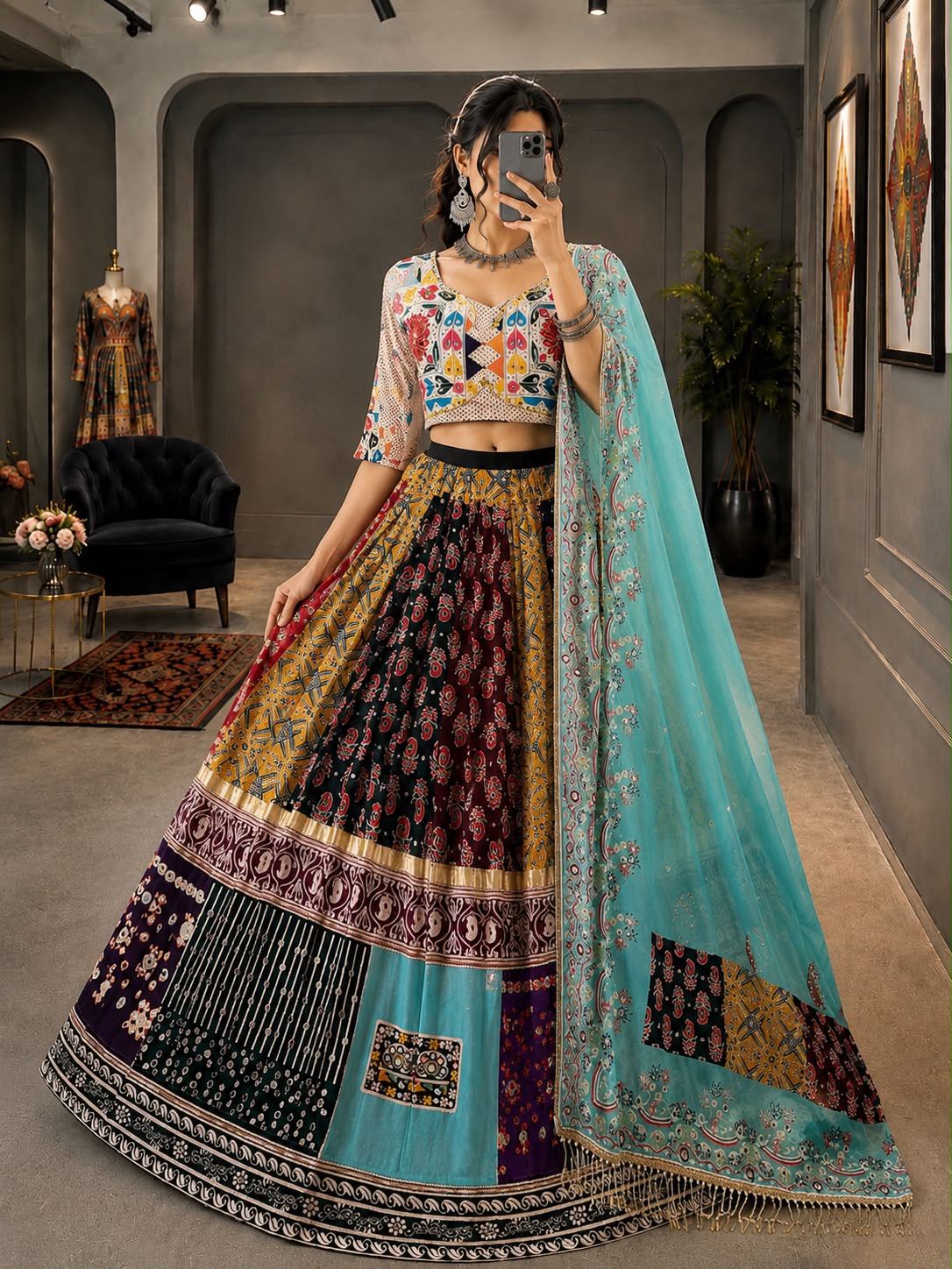 Sky Blue Printed Lehenga Choli with Work - Image 4