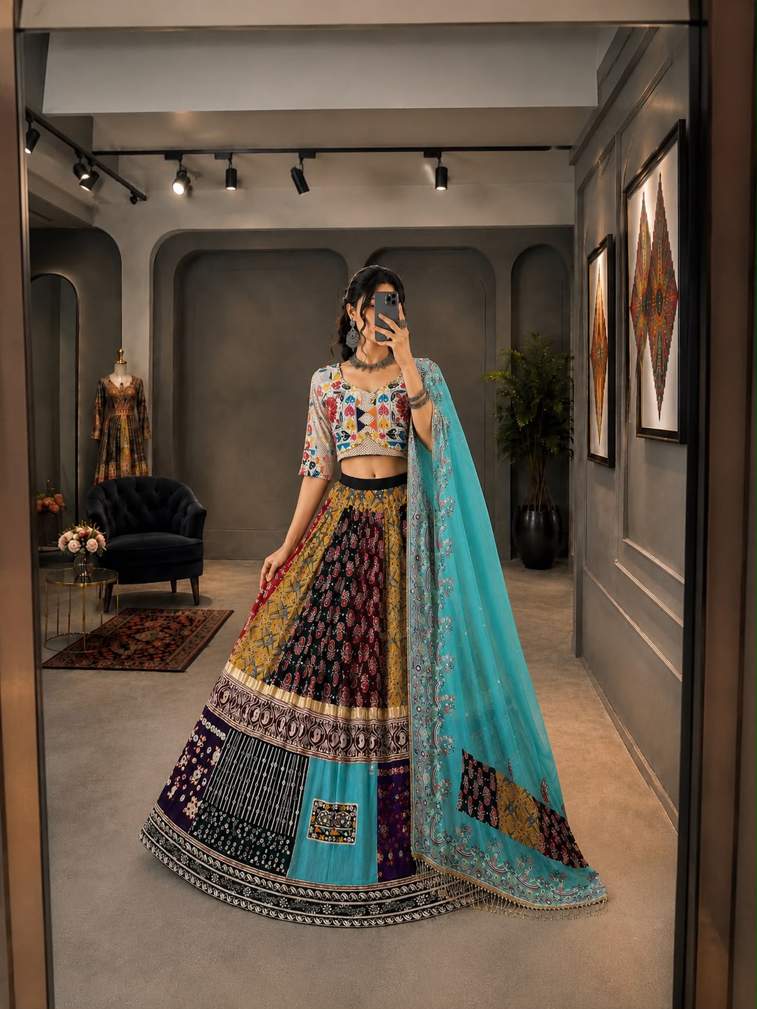 Sky Blue Printed Lehenga Choli with Work - Image 3