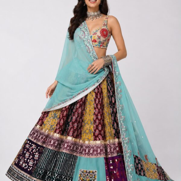 Sky Blue Printed Lehenga Choli with Work