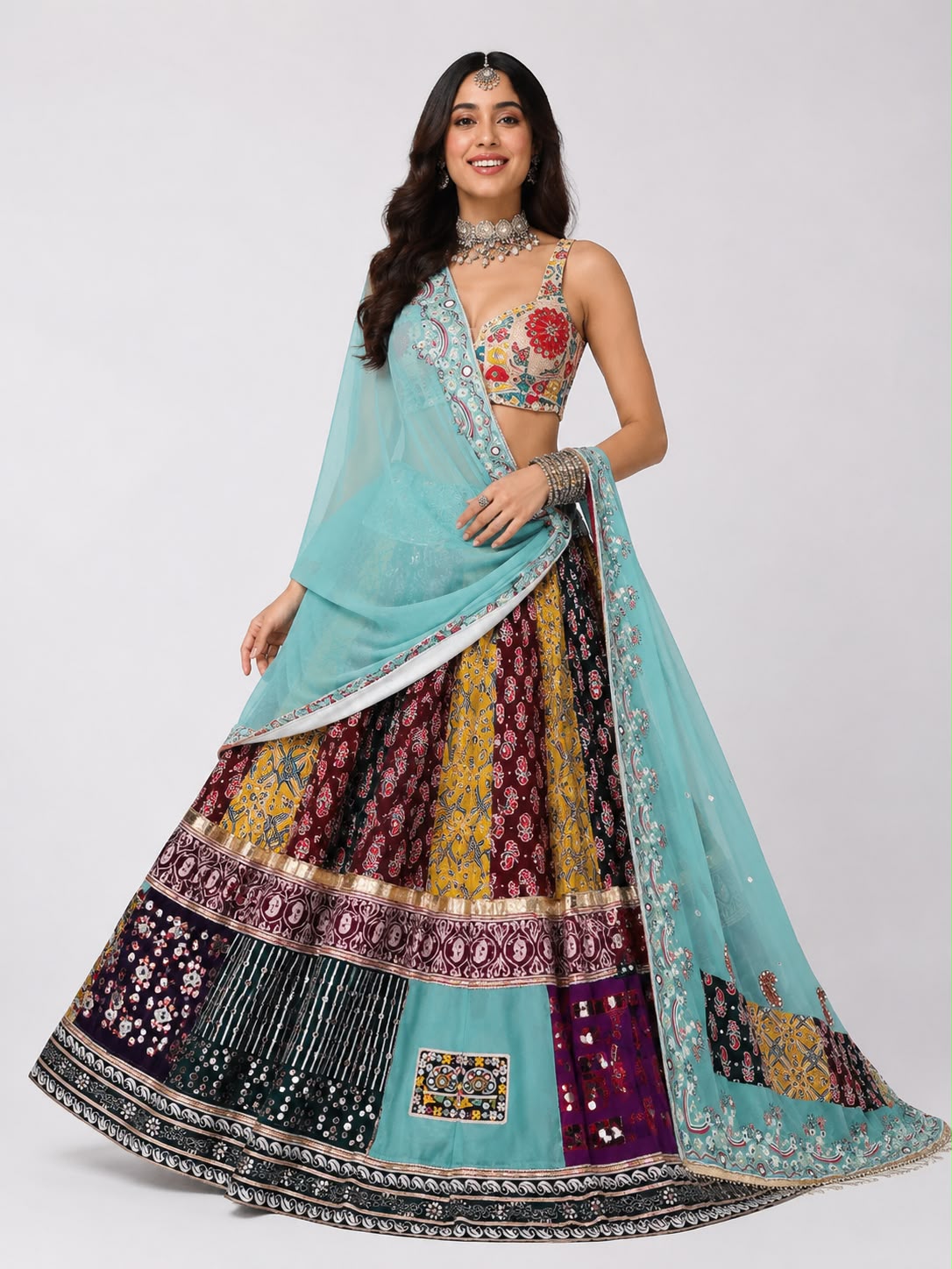 Sky Blue Printed Lehenga Choli with Work
