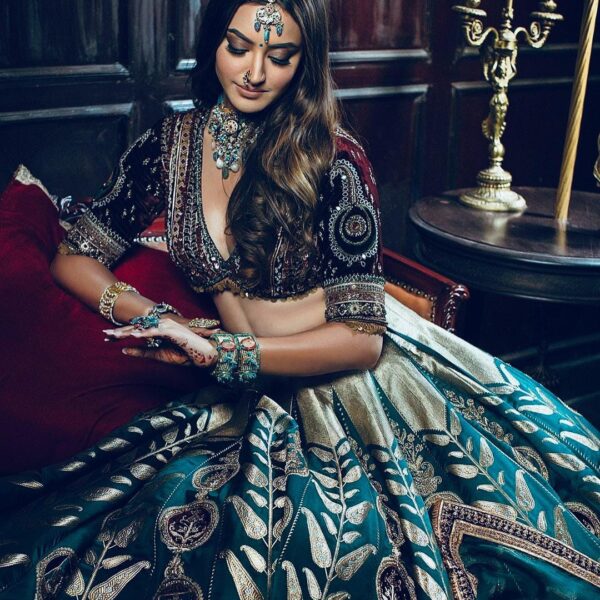 Green Velvet Silk Embellished Lehenga Choli