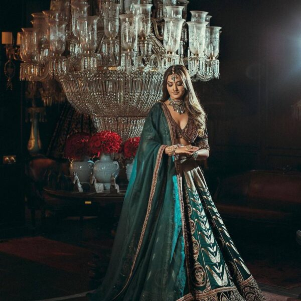 Green Velvet Silk Embellished Lehenga Choli