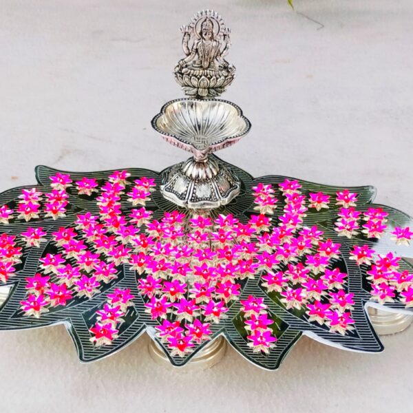 Pure German silver lotus Ashtotram stand with 108 pink parijatham flower