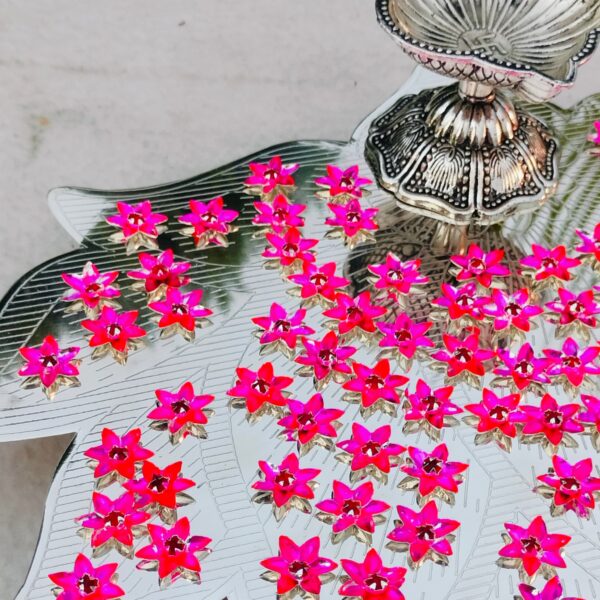 Pure German silver lotus Ashtotram stand with 108 pink parijatham flower