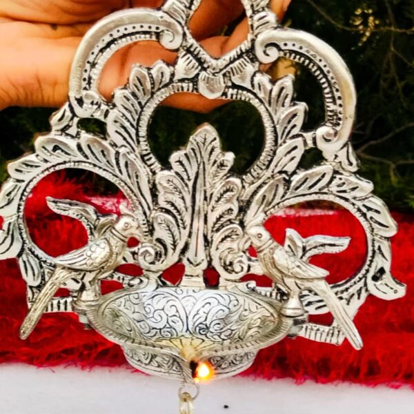 Antique German silver big size double parrot hanging Akhand diya