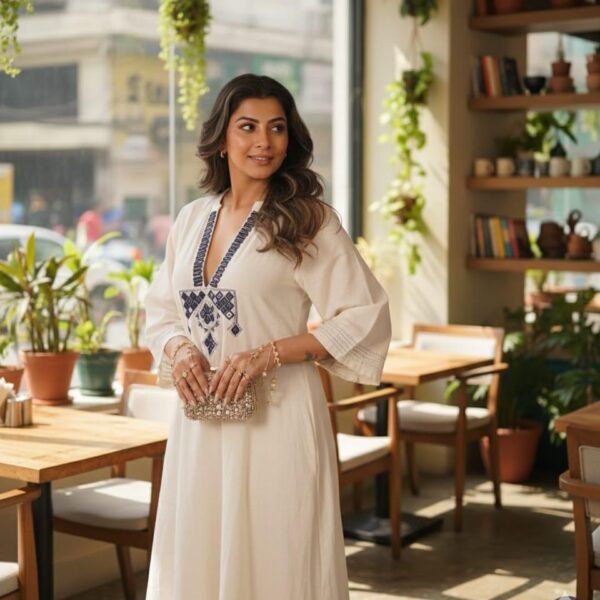 White Corred Kurti Set with Work