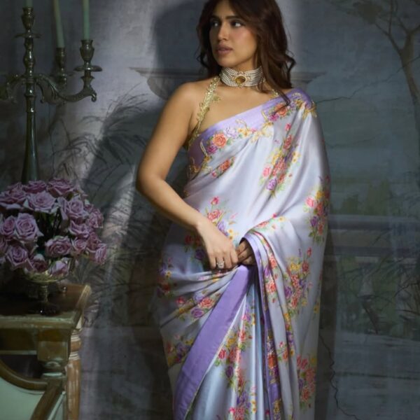 Pure satin silk saree fabric with flower print