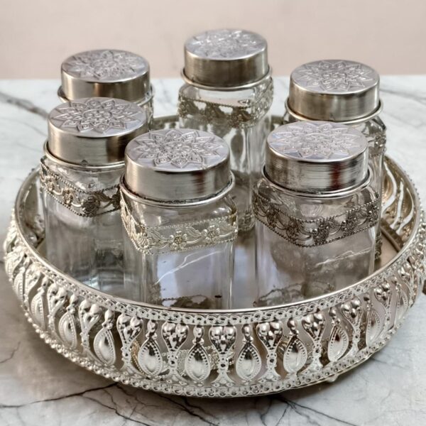 Antique German Silver dryfruits jar set of 6 jar in basket