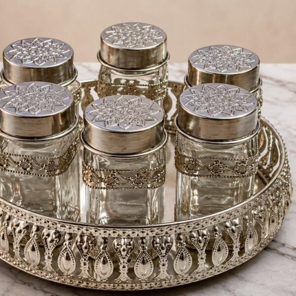 Antique German Silver dryfruits jar set of 6 jar in basket