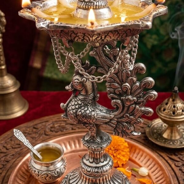 Antique german silver Peacock samai deepam
