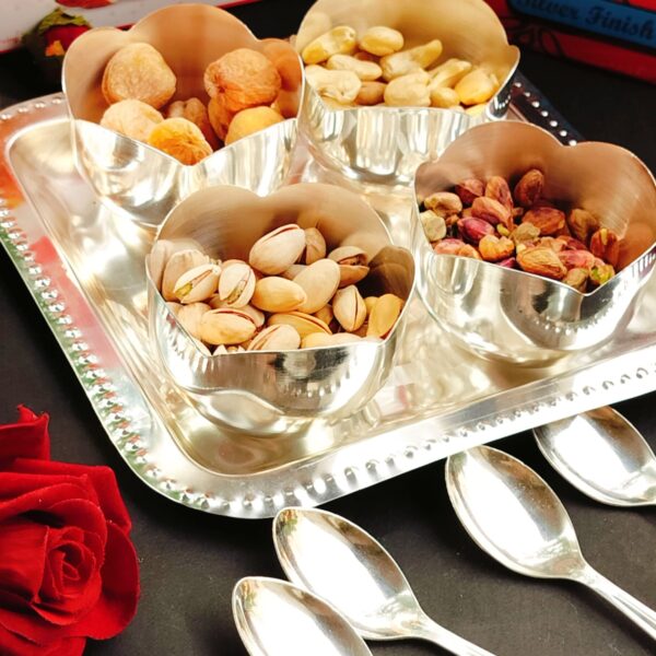 German silver 4 Lotus bowl with 4 rajwadi spoon and tray set