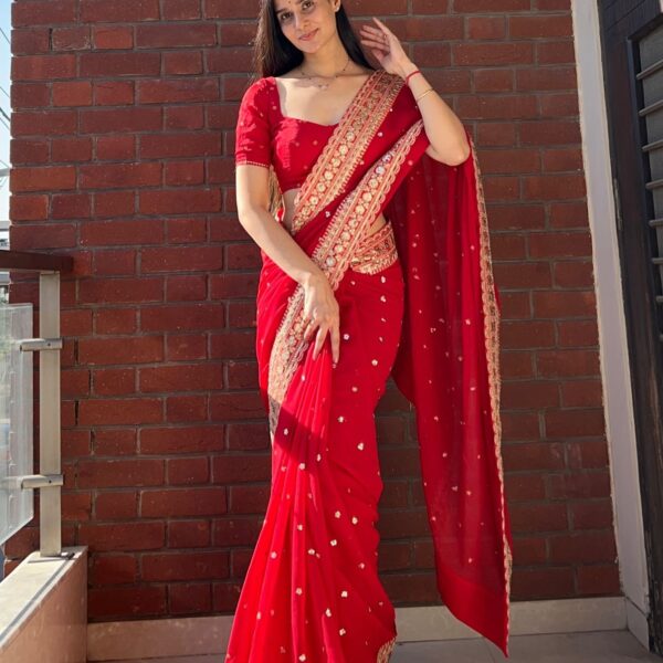 Red Pure Georgette Saree with Dori Work