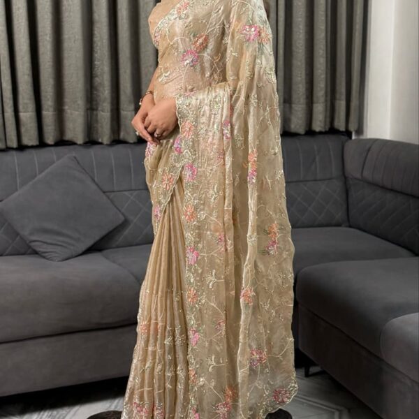Fendy Sequence Satin Saree with Beads Work