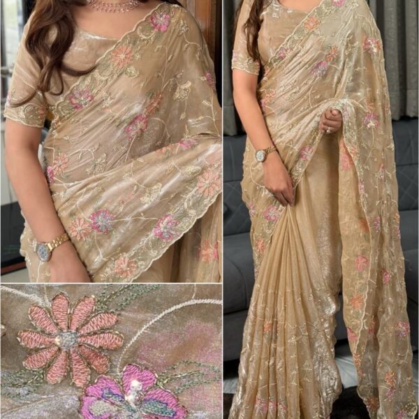Fendy Sequence Satin Saree with Beads Work