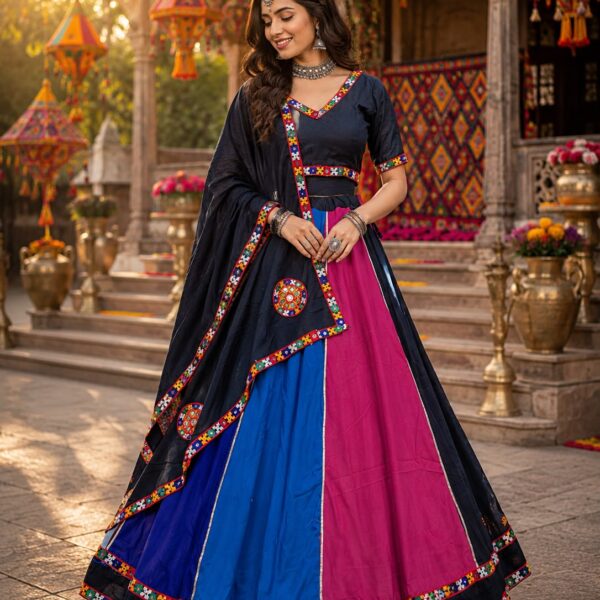 Navratri Cotton Silk Lehenga With Kali Gamthi Lace Chaniya Choli