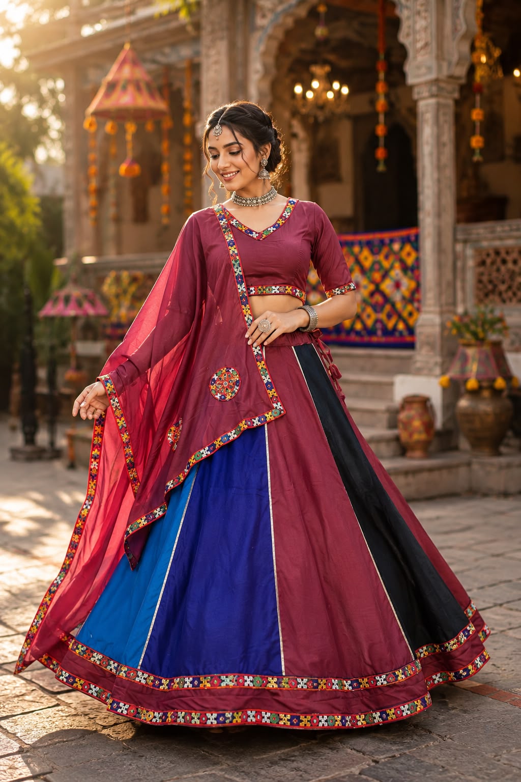 Navratri Cotton Silk Lehenga With Kali Gamthi Lace Chaniya Choli