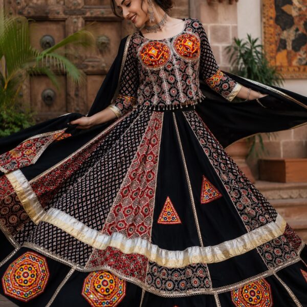 Designer Ajrakh Cotton Border With Heavy Gamthi Work Lehenga