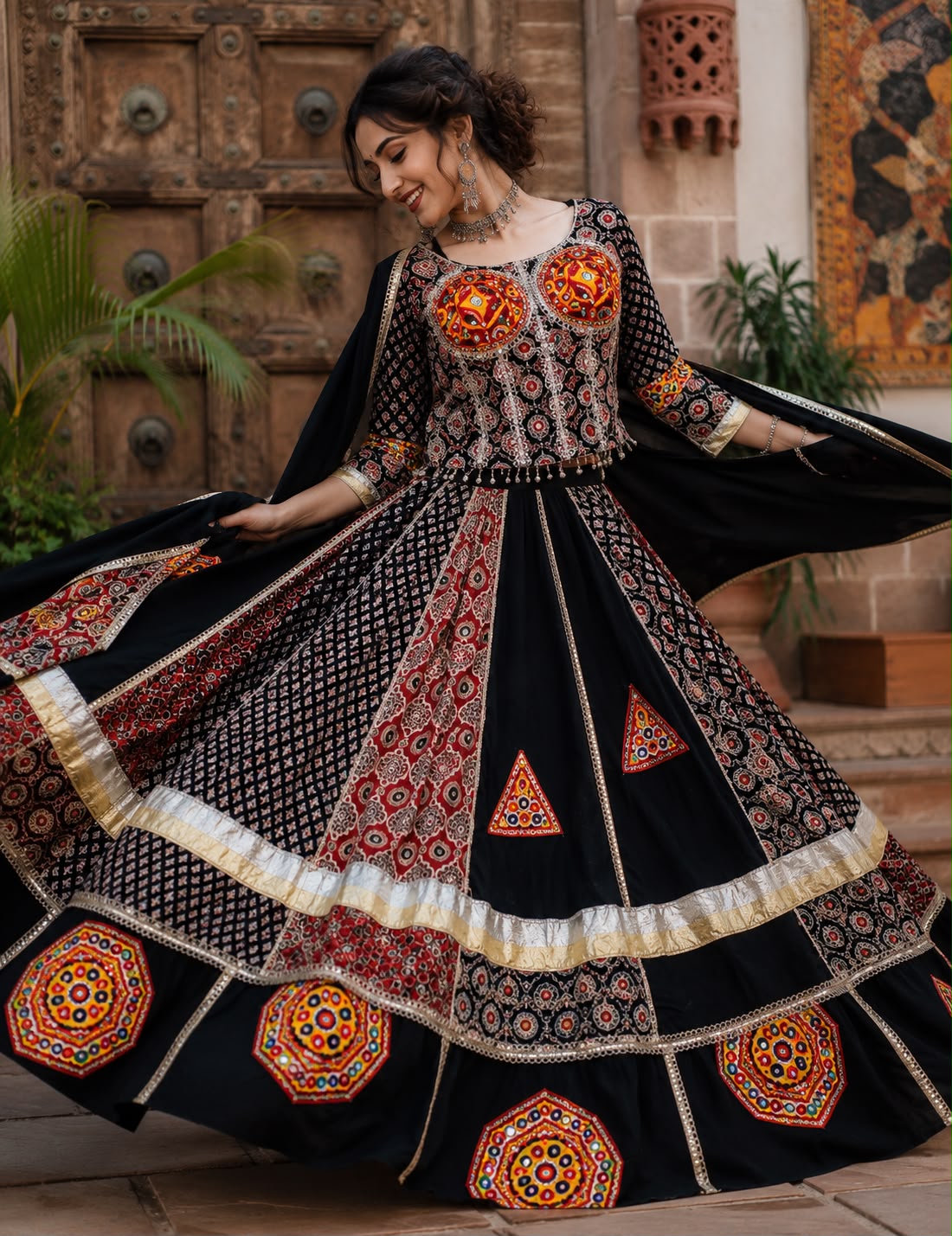 Designer Ajrakh Cotton Border With Heavy Gamthi Work Lehenga