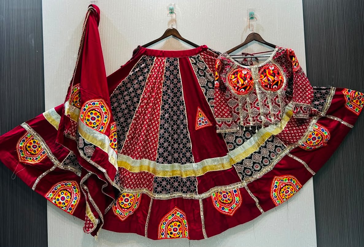 Designer Ajrakh Cotton Border With Heavy Gamthi Work Lehenga - Image 4