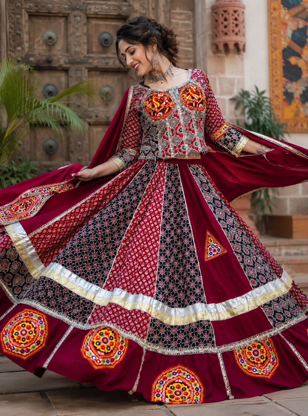 Designer Ajrakh Cotton Border With Heavy Gamthi Work Lehenga - Image 3