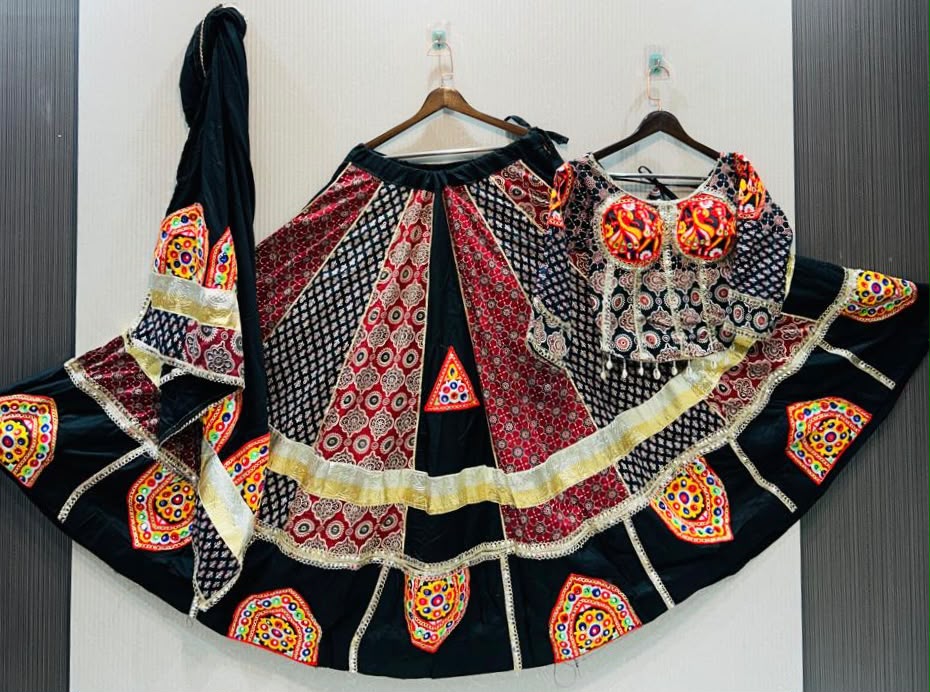 Designer Ajrakh Cotton Border With Heavy Gamthi Work Lehenga - Image 2