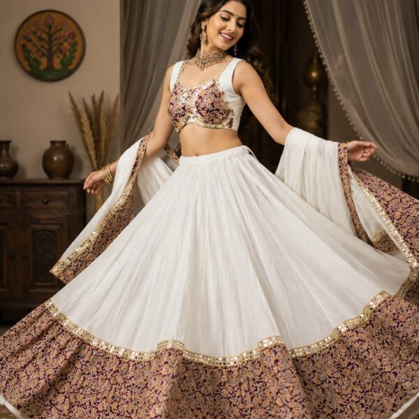 Pure Cotton Kalamkari Print Border Mirror Work Chaniya Choli